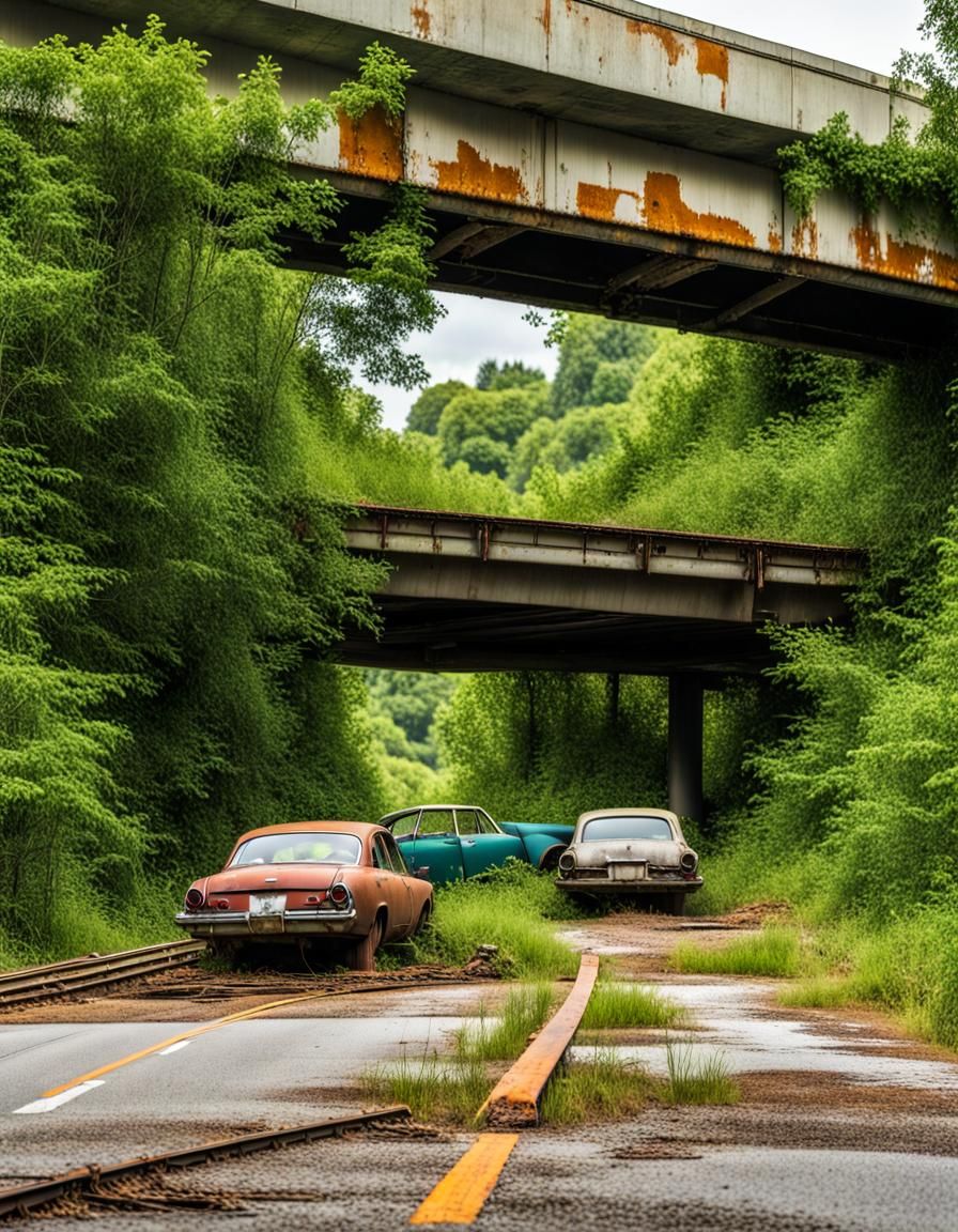 Rusted Cars on Overpass: Abandoned Highway Scene