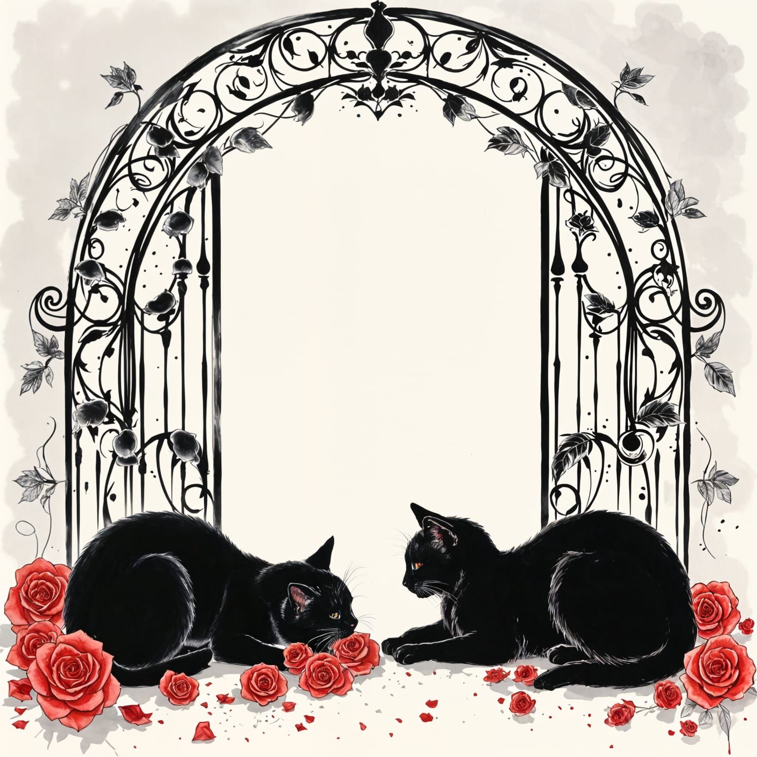 Art Nouveau Black Cats Amidst Roses in Sumi-e Style