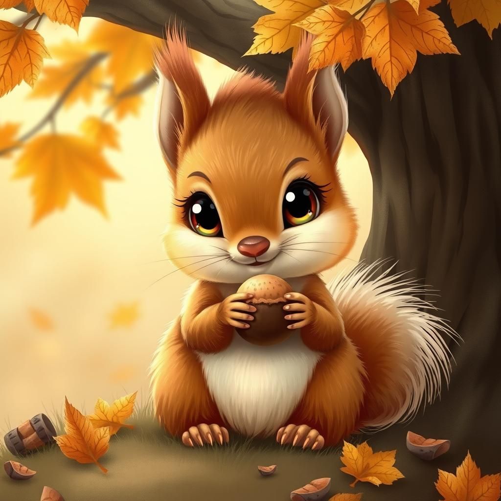 Cute Squirrel with Hazelnut in Autumn Illustration