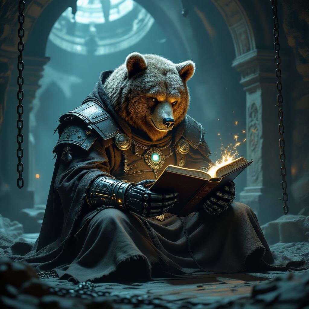 Cybernetic Bear Reading in Gothic Library