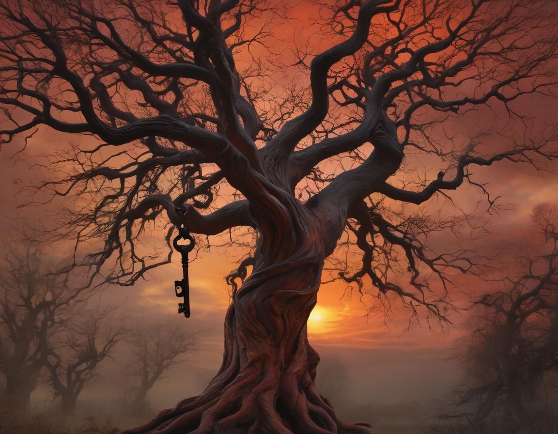 Surreal Tree Holds Key in Dreamlike Landscape