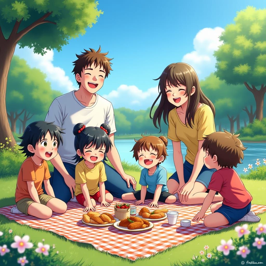 Anime Picnic with Friends and Children in Park