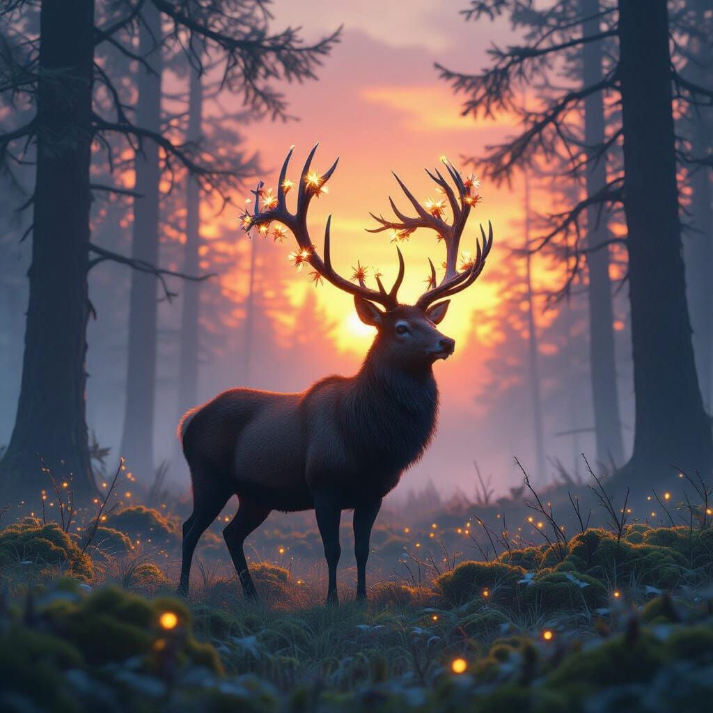 Stag with Glowing Flowers in Misty Sunset Forest