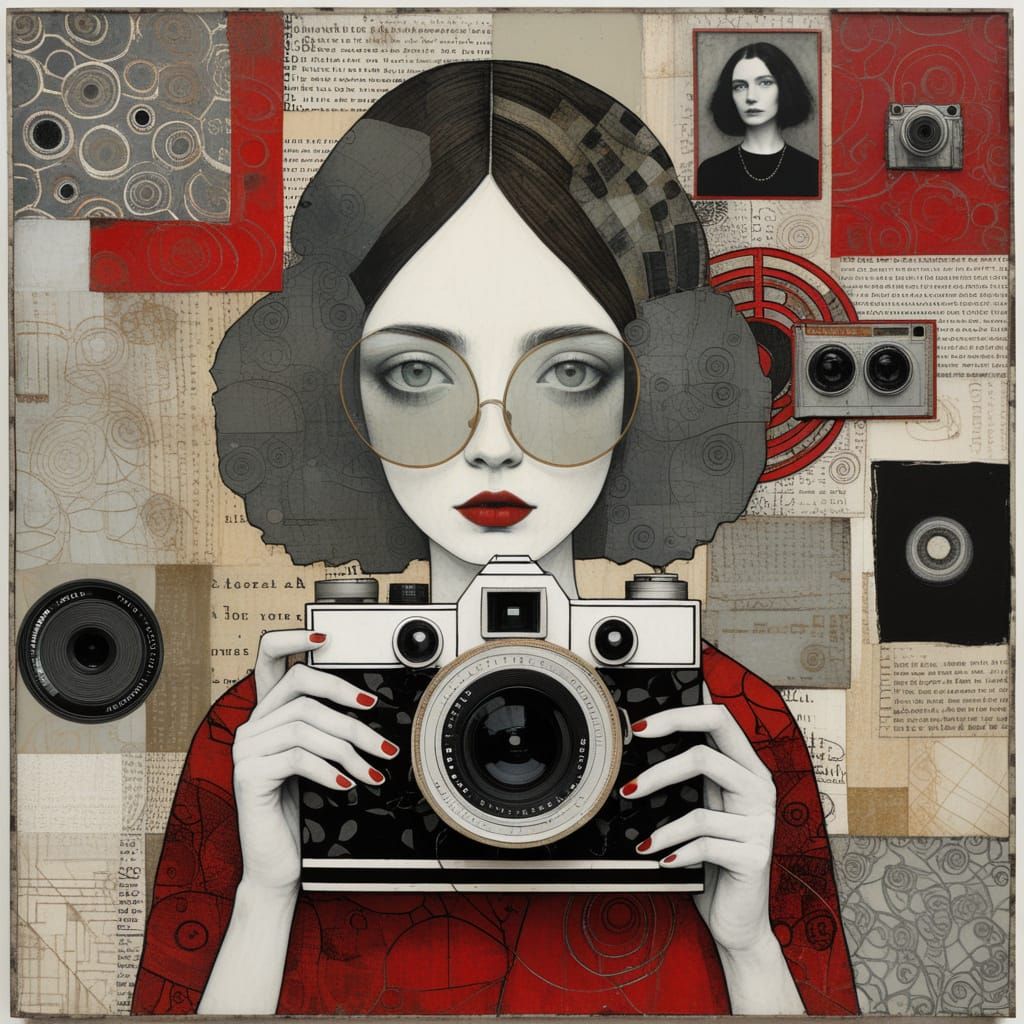 Girl Holding Camera in Mixed Media Style