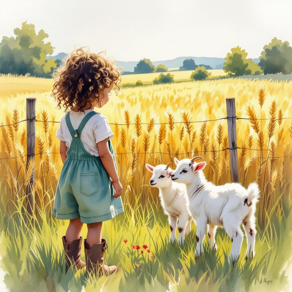 Girl with Goats in Sunlit Field: Watercolor Illustration