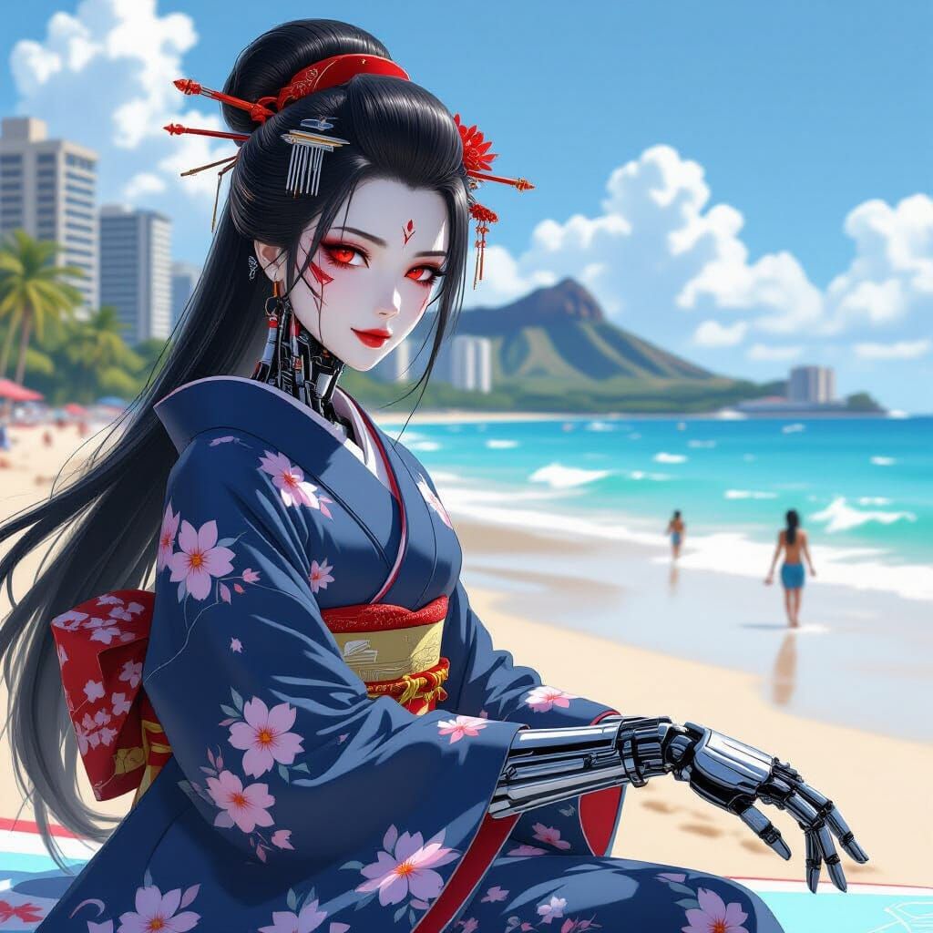 Cyborg Geisha Surfing Waikiki Beach in Dynamic Illustration ...