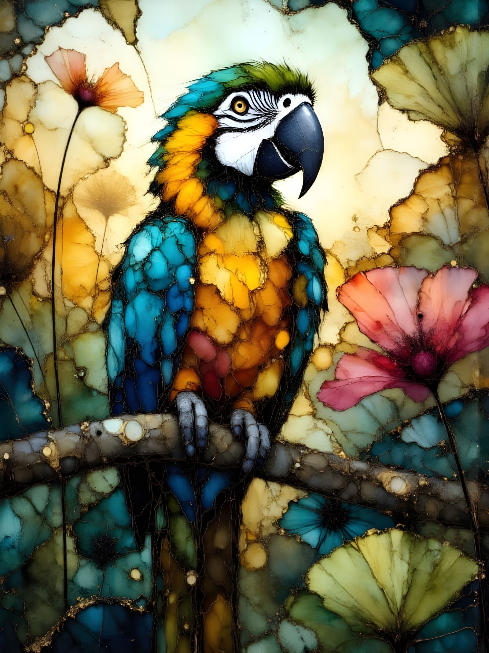 Fluffy Blue and Gold Macaw in Jungle Tree at Sunset