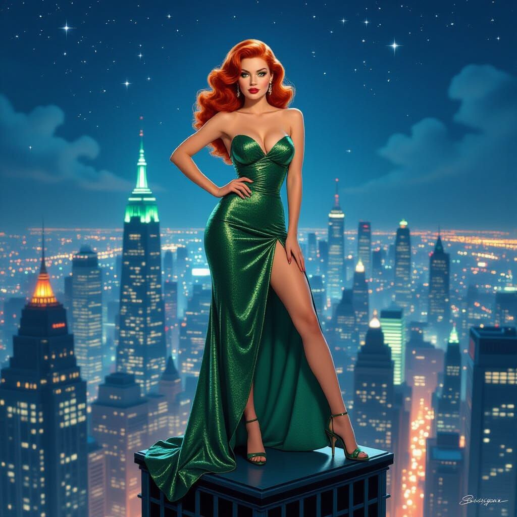 Red-Haired Pin-Up Queen Over Metropolis