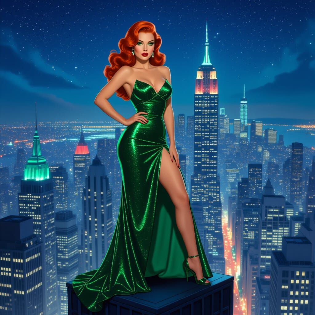 Emerald Gown Pin-Up Over Metropolis