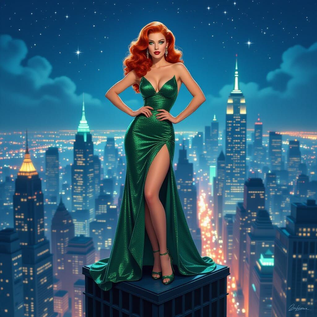 Emerald Queen Over Metropolis: Pin-Up Fantasy Art
