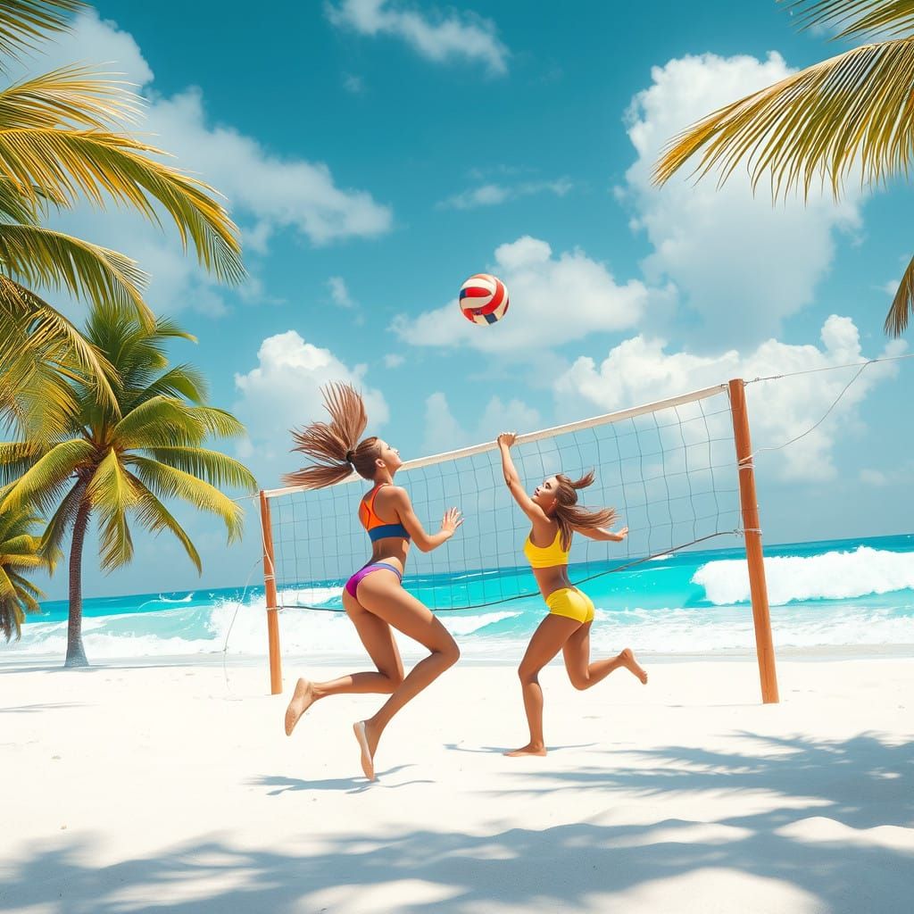 Swaying Palm Trees and Girls in Action, Vibrant Volleyball S...