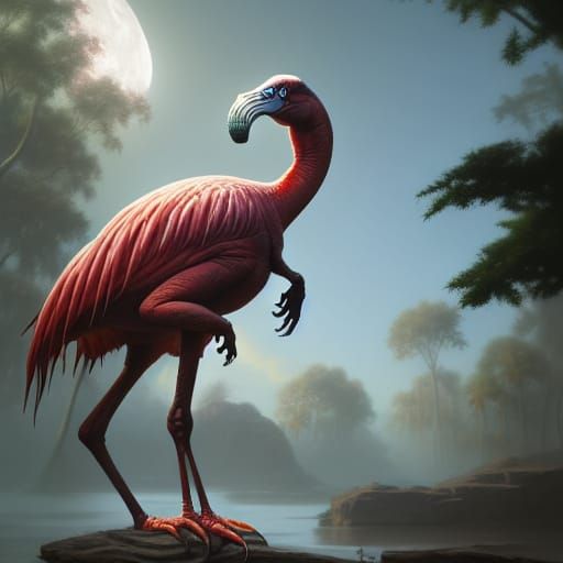 Photorealistic Tyrannosaurus-Flamingo in Fantasy Landscape