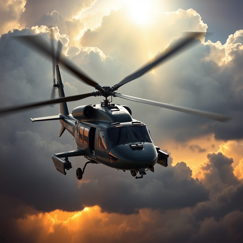 Sleek Dark Grey Black Hawk Helicopter in Mid-Flight