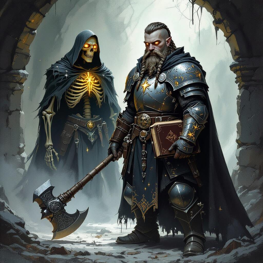 Dwarf Cleric and Skeleton in Dark Crypt