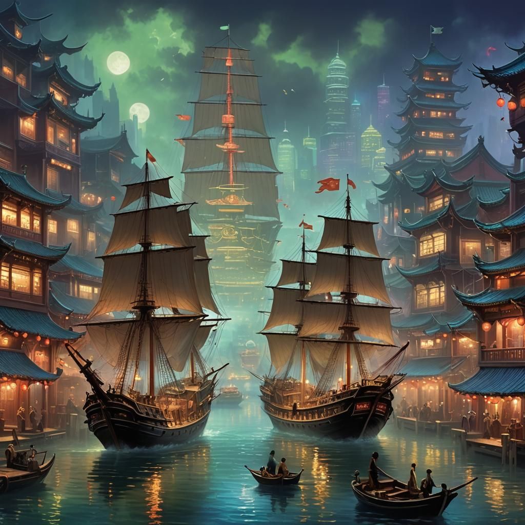 Chinese Junk Ship in Neon Harbor: Ethereal Fantasy