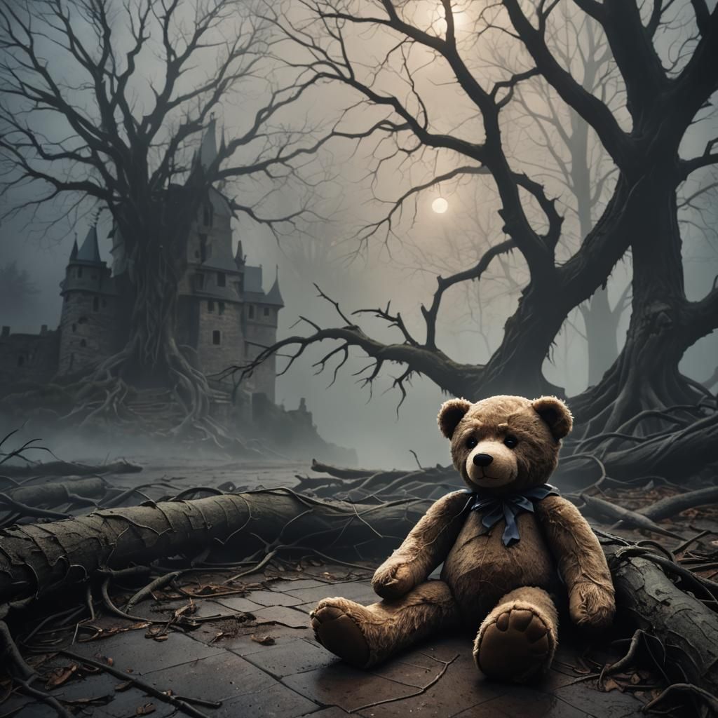 Spooky Teddy Bear in Dark Gothic Forest