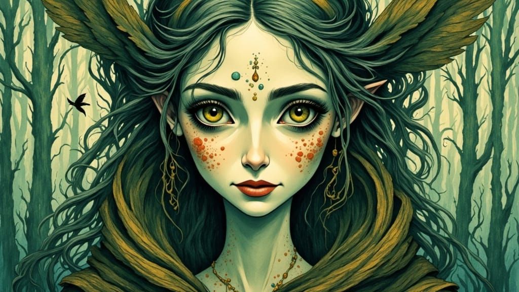 Enchanted Fairy-Tale Forest with Elves in Watercolor