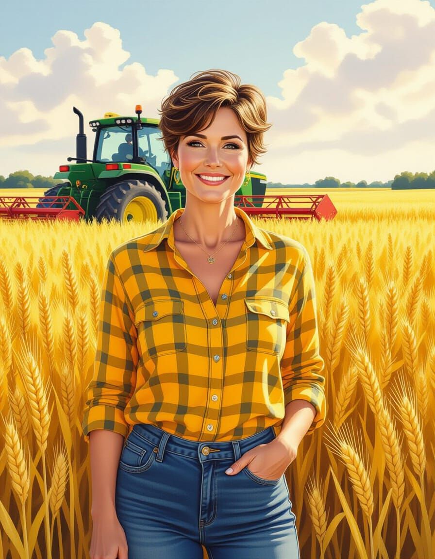 German Woman in Wheat Field with Harvester, Watercolor Portr...