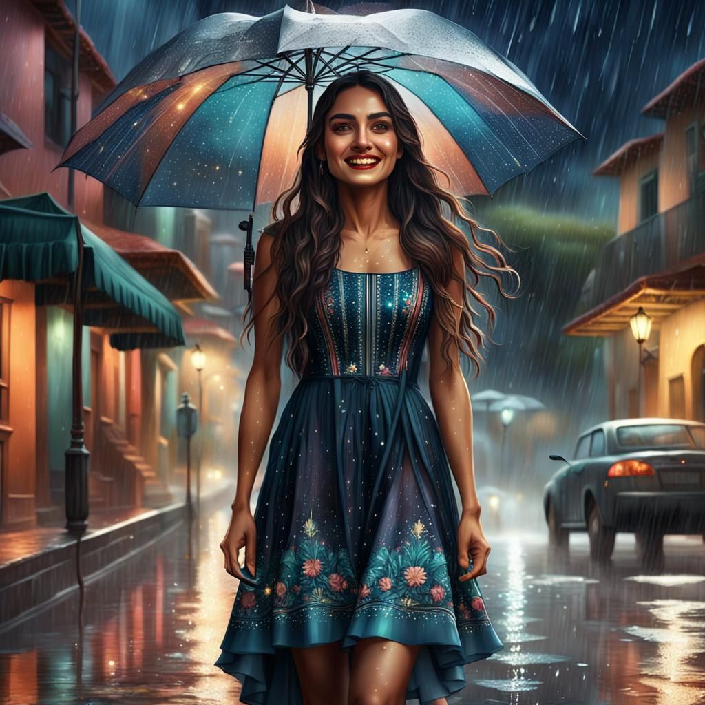 Happy Girl in Shining Dress Stands in Rainy Street