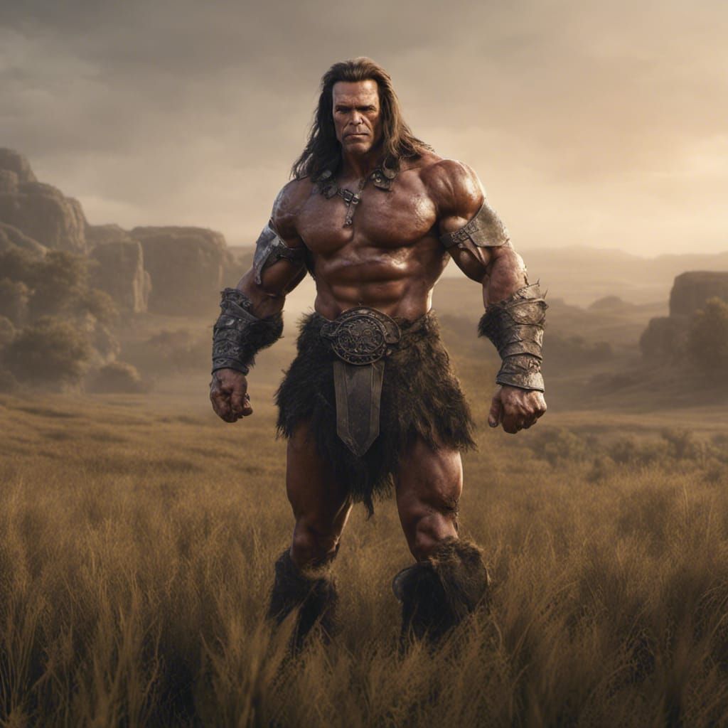 Half-Orc Conan in Field: Hyperrealistic Fantasy Art
