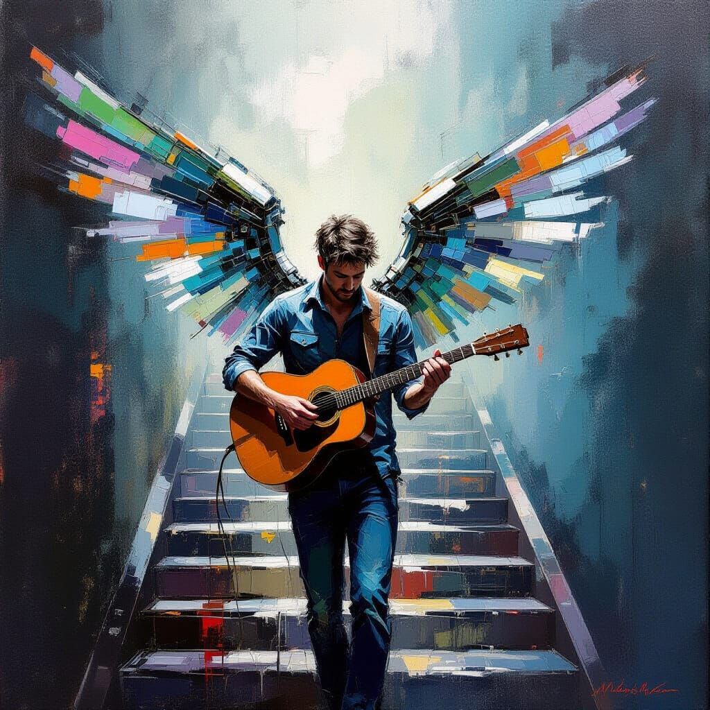 Mechanical-Winged Guitarist in Digital Impasto Style
