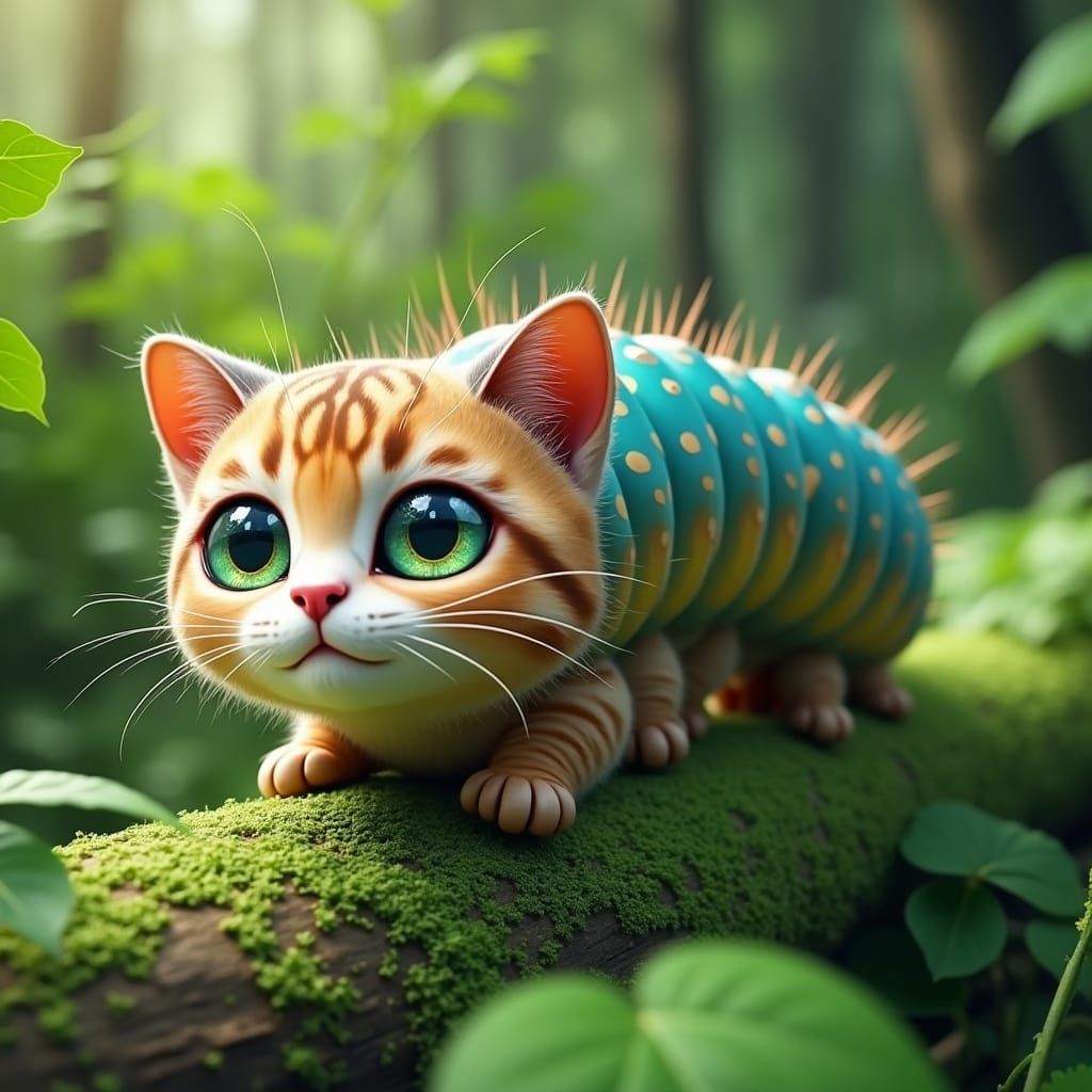 Whimsical Feline Caterpillar in Iridescent Hues