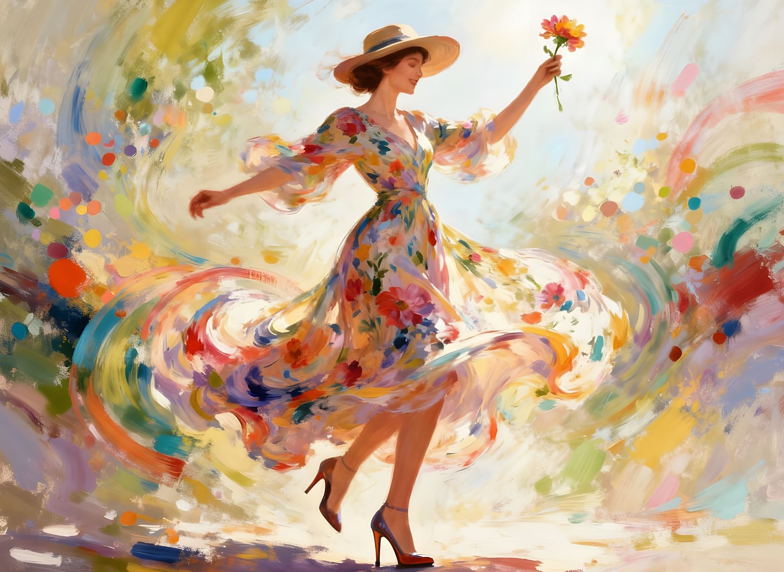 Elegant Lady in Floral Dress with Abstract Background