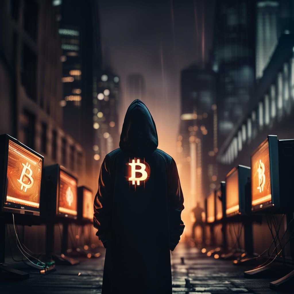Hacker in Dark City with Bitcoin Logo