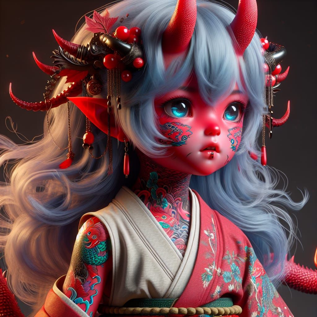 Red Oni Girl with Koi Tattoos in Fantasy Realism