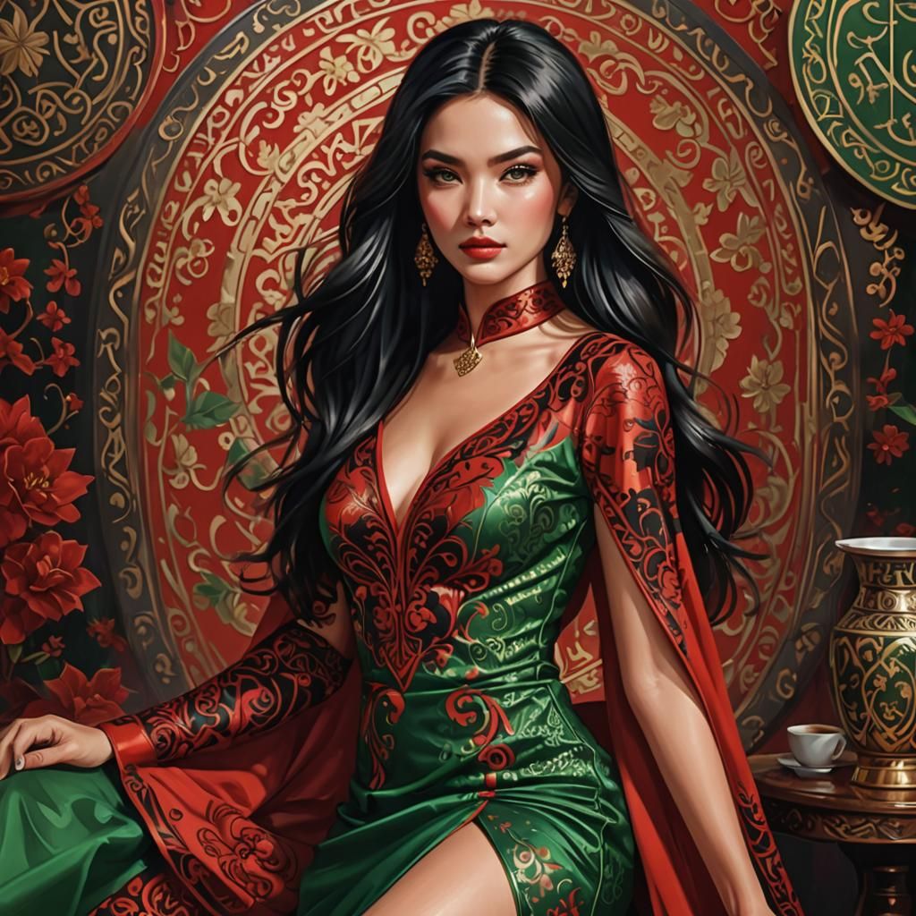 Beautiful Woman in Red Dress: Digital Painting Blend