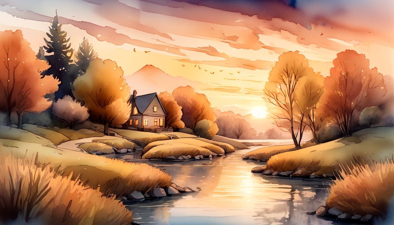 Whimsical Watercolor Sunset Over Winding River