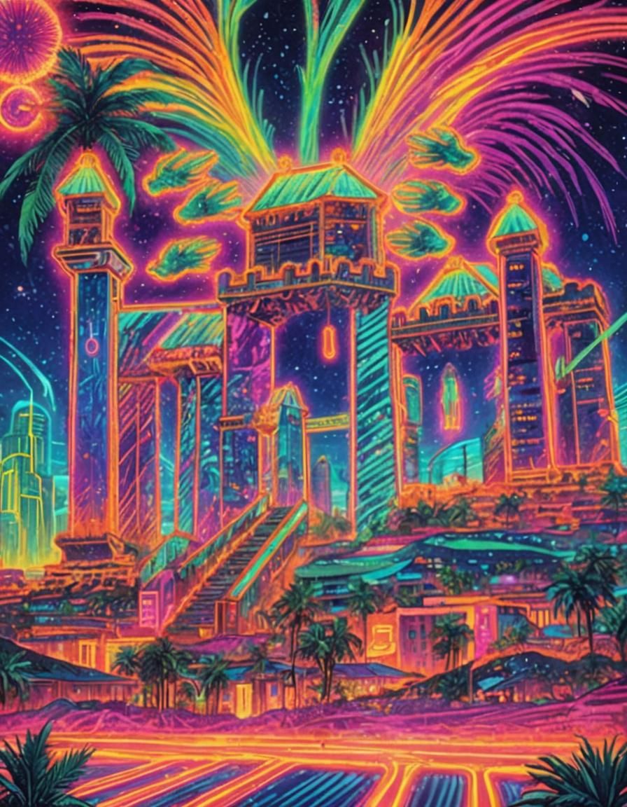 Neon Palms Over City: A Surreal Cosmic Illustration