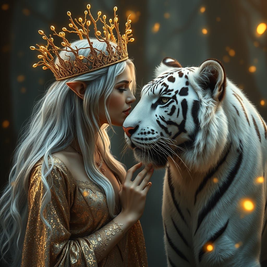 Elven Queen Tenderly Kisses Majestic White Tiger in Enchante...