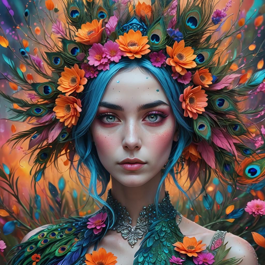 Vibrant Woman with Peacock Feathers in Digital Art