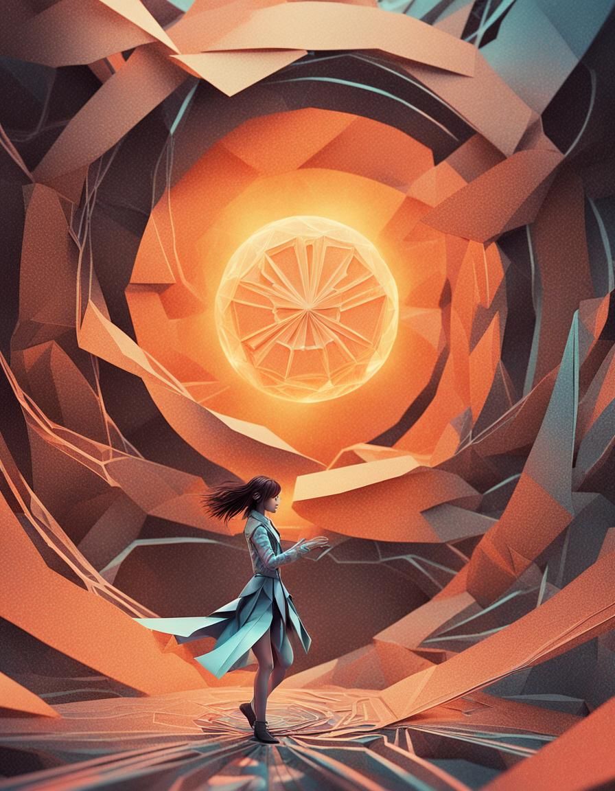 Cybernetic Girl in Origami World: Digital Illustration