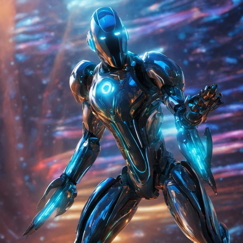 Iridescent Robot Throws Neon Disc in Tron Style