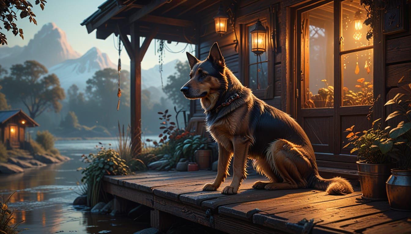 Dog in Dark Fantasy Shack, Ink Art