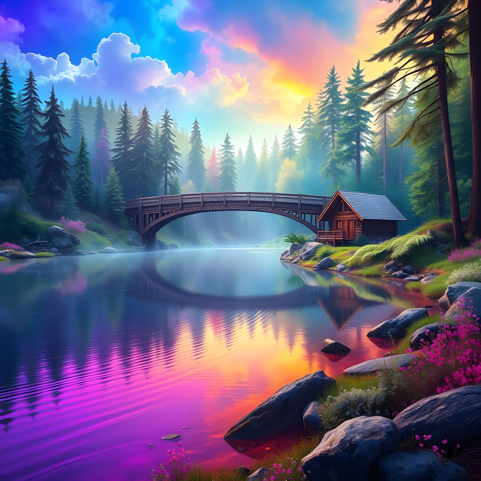 Whimsical Lake Haven in Vibrant Rainbow Haze