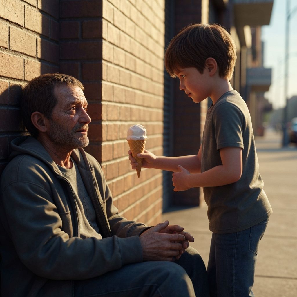 Boy Shares Ice Cream with Homeless Man in Cyberpunk City
