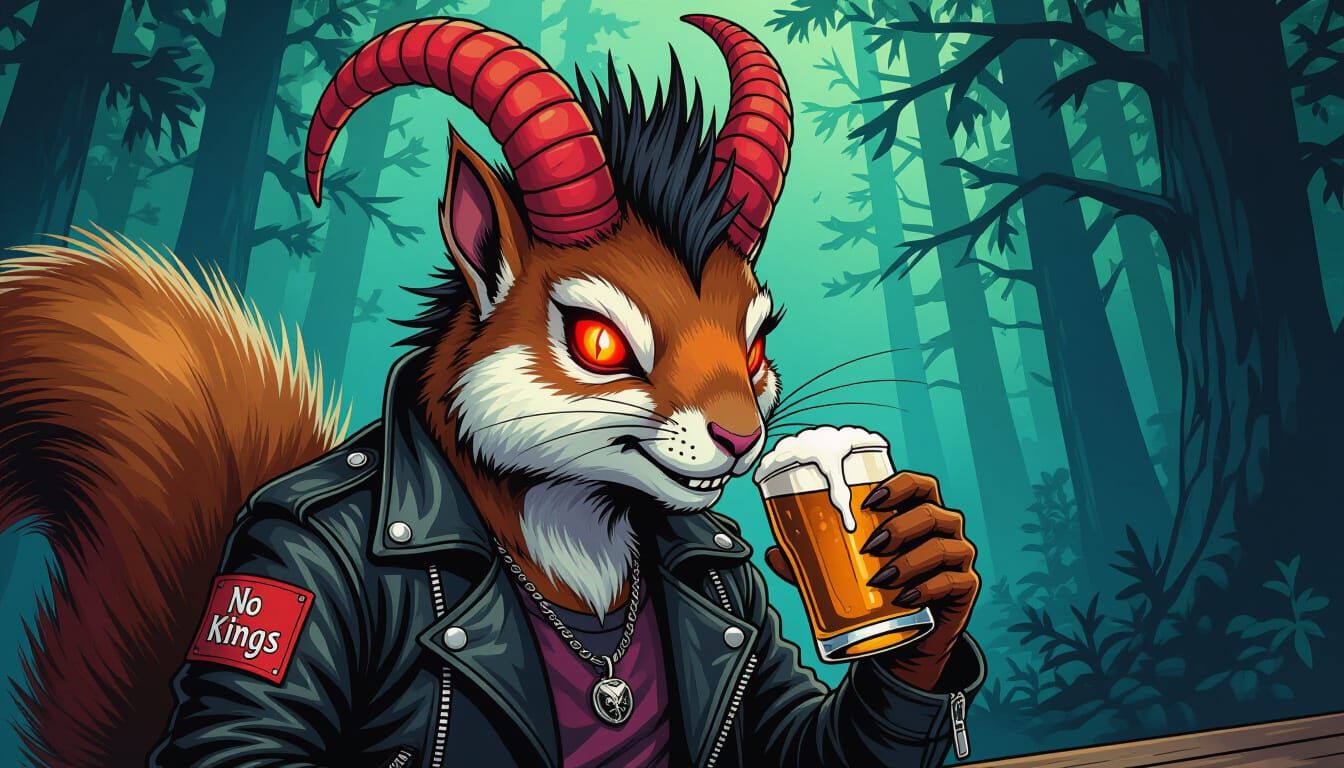 Demonic Punk Squirrel with Mohawk and Goat Horns