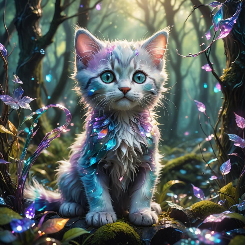 Glass Kitten in Mystical Forest, Detailed Matte Painting