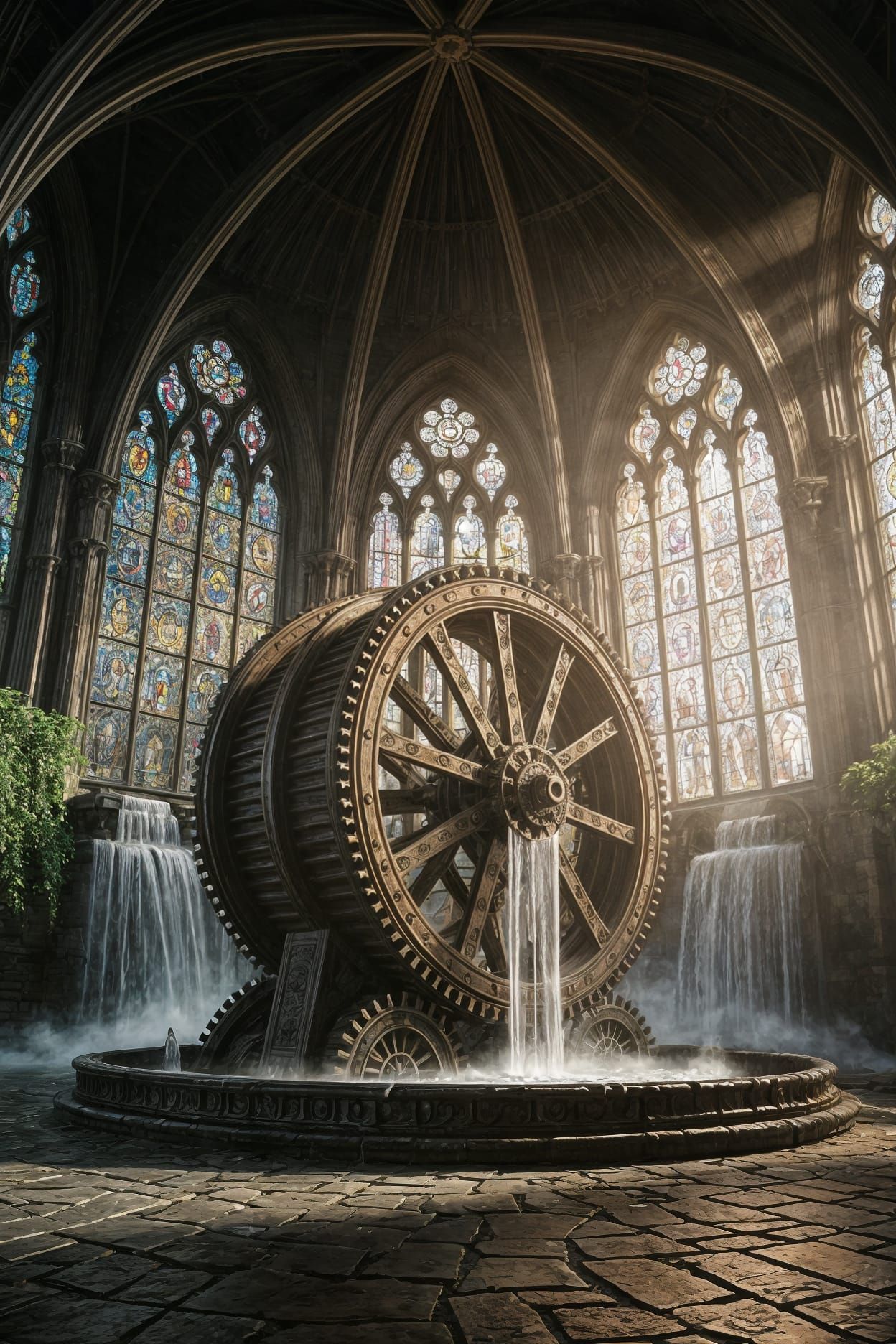 Epic Fantasy Waterwheel Scene in Steampunk Gothic Chapel