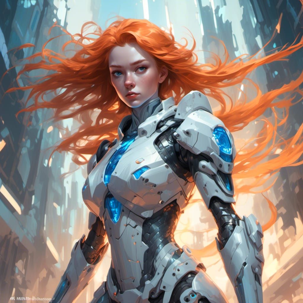 Futuristic Ginger Warrior Surrounded by Blue Energy