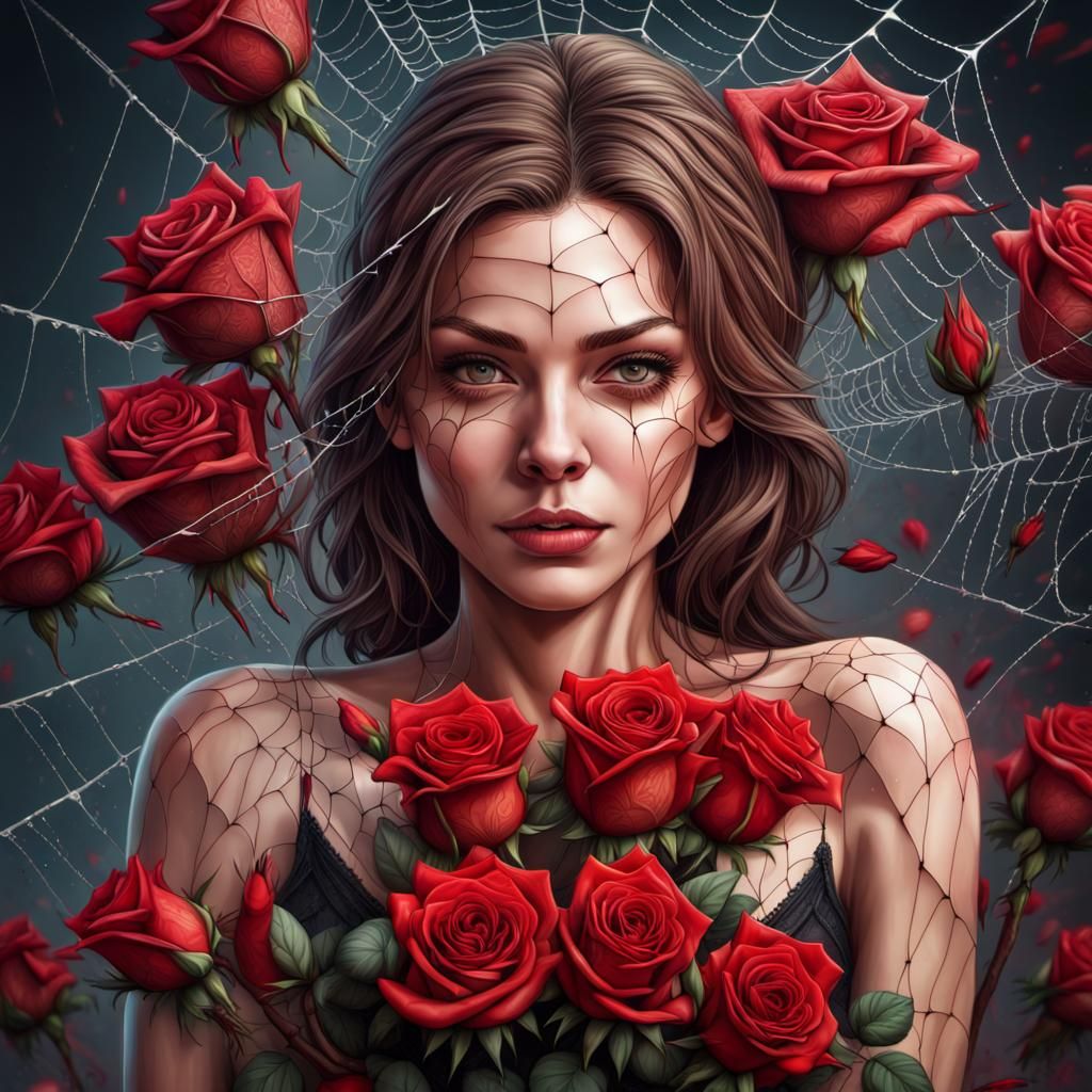Hyperrealistic Portrait: Woman with Spiderwebs and Roses