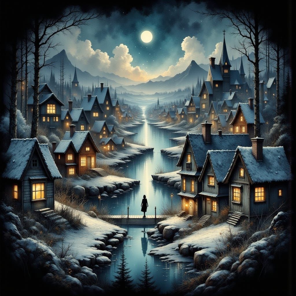 Dreamy Winter Night Scene with Whimsical Houses and Snowy St...