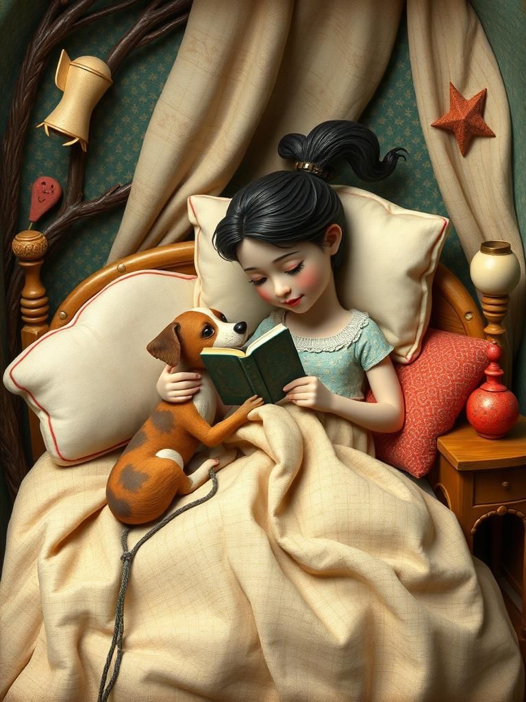 Whimsical 3D Art: Girl Reading to Dog