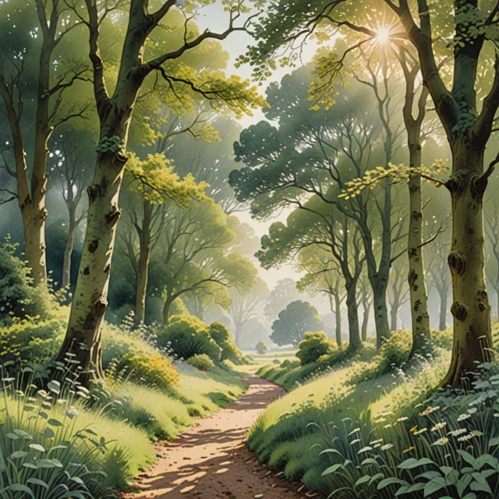 Vibrant Watercolor Park Scene in Early Morning Mist