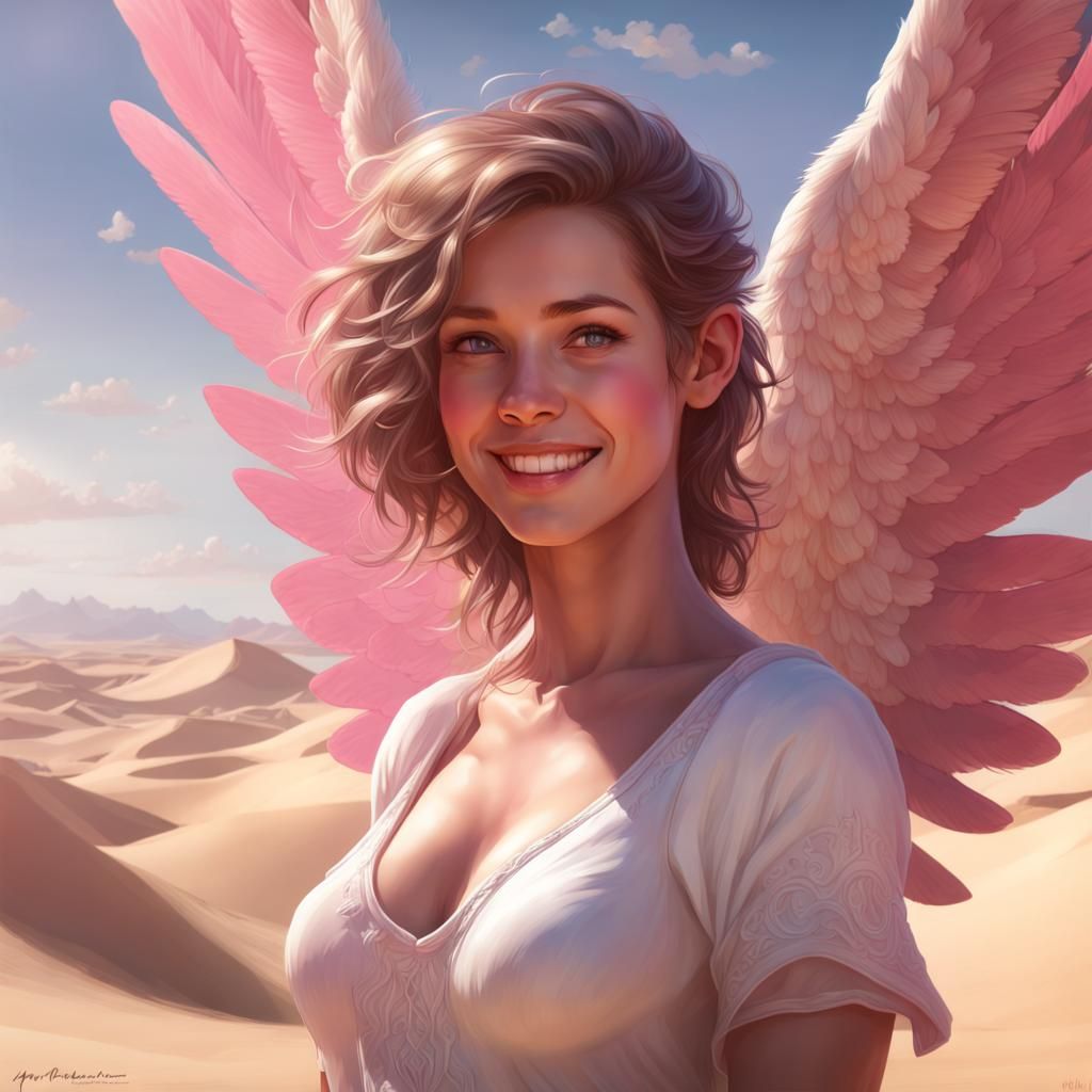 Girl with Pink Wings in Desert Landscape