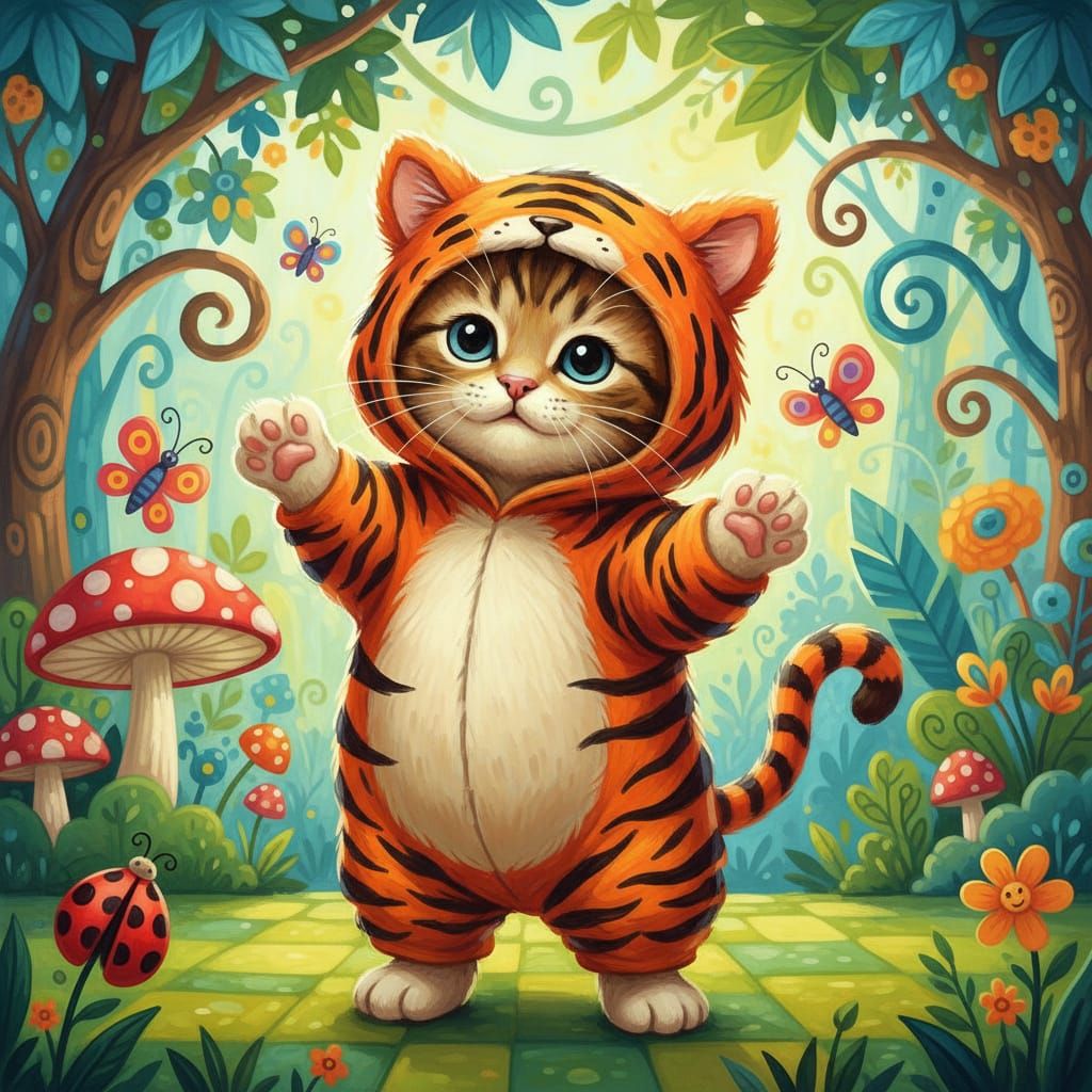 Cute Kitten in Tiger Costume: Vibrant Whimsical Art
