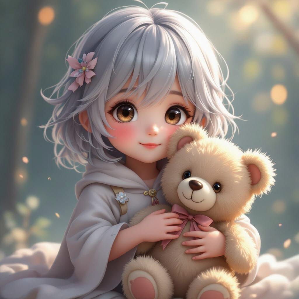 Child with Silver Hair and Teddy Bear in 3D Anime Style